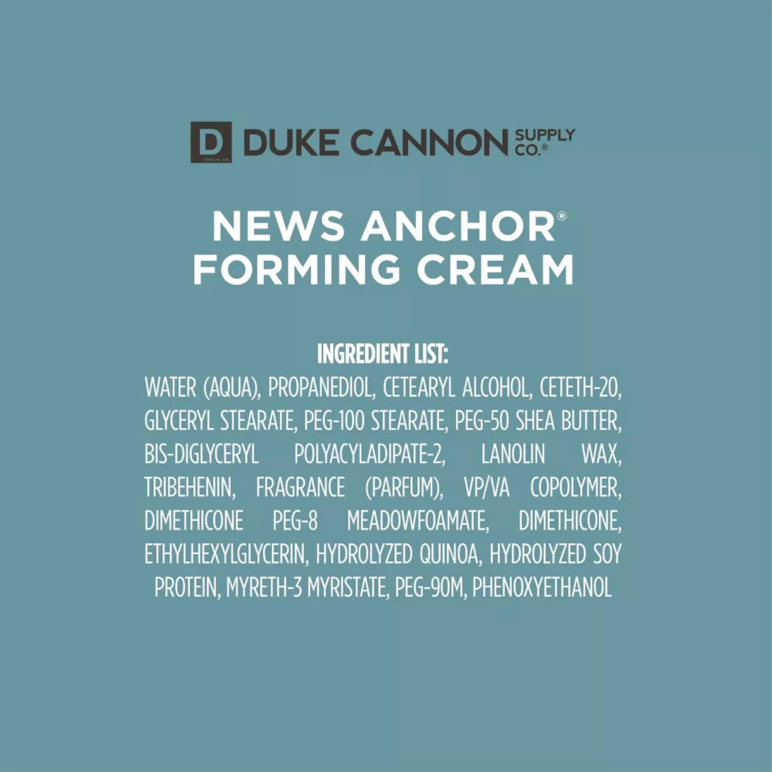Duke Cannon News Anchor Forming Cream lanolin-wax and protein blend detail.