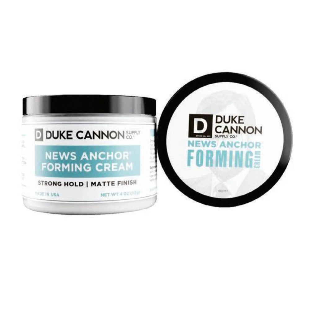 Duke Cannon News Anchor Forming Cream applying to towel-dried hair.