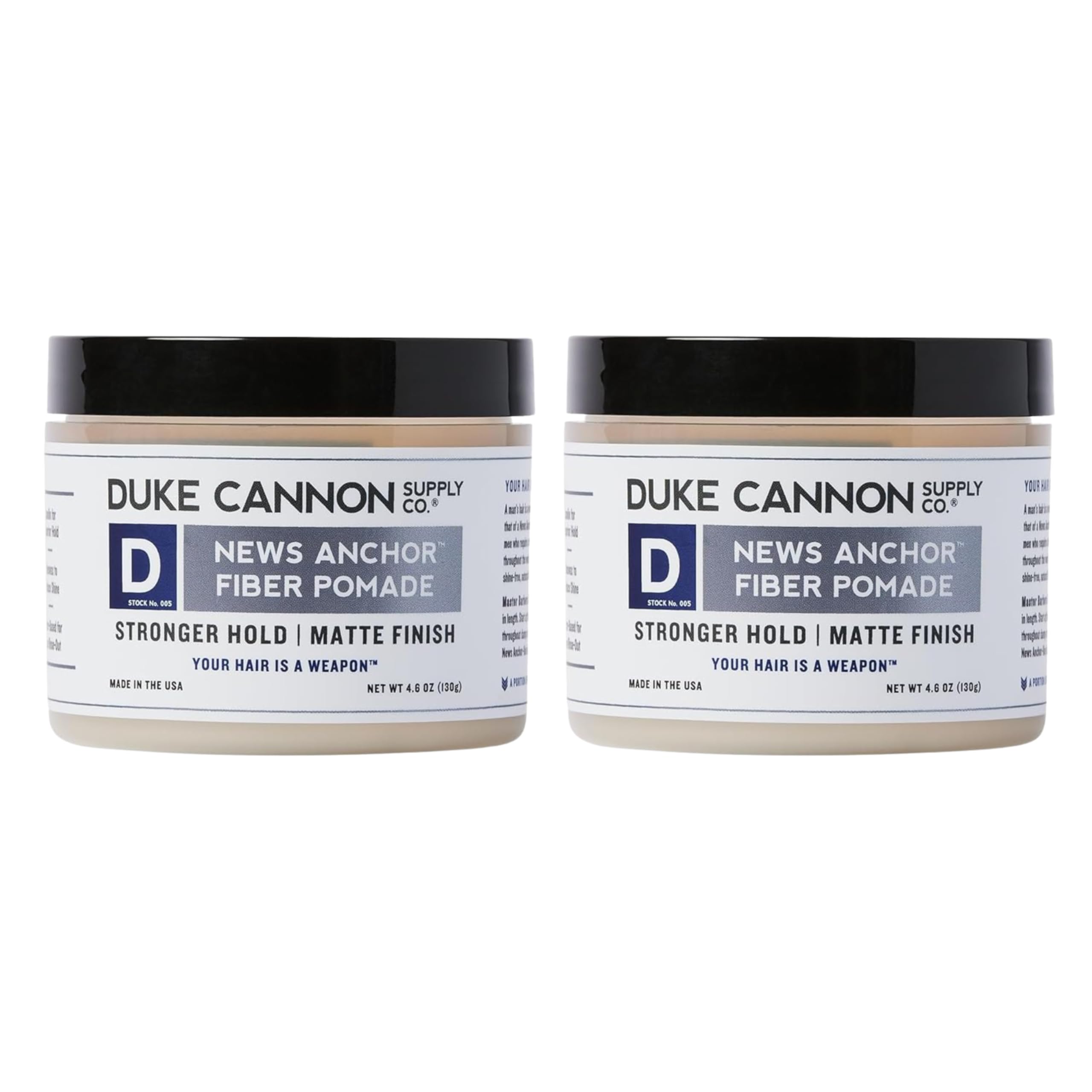 Duke Cannon News Anchor Pomade 2-pack on display delivers dual-pack convenience for all-day styling