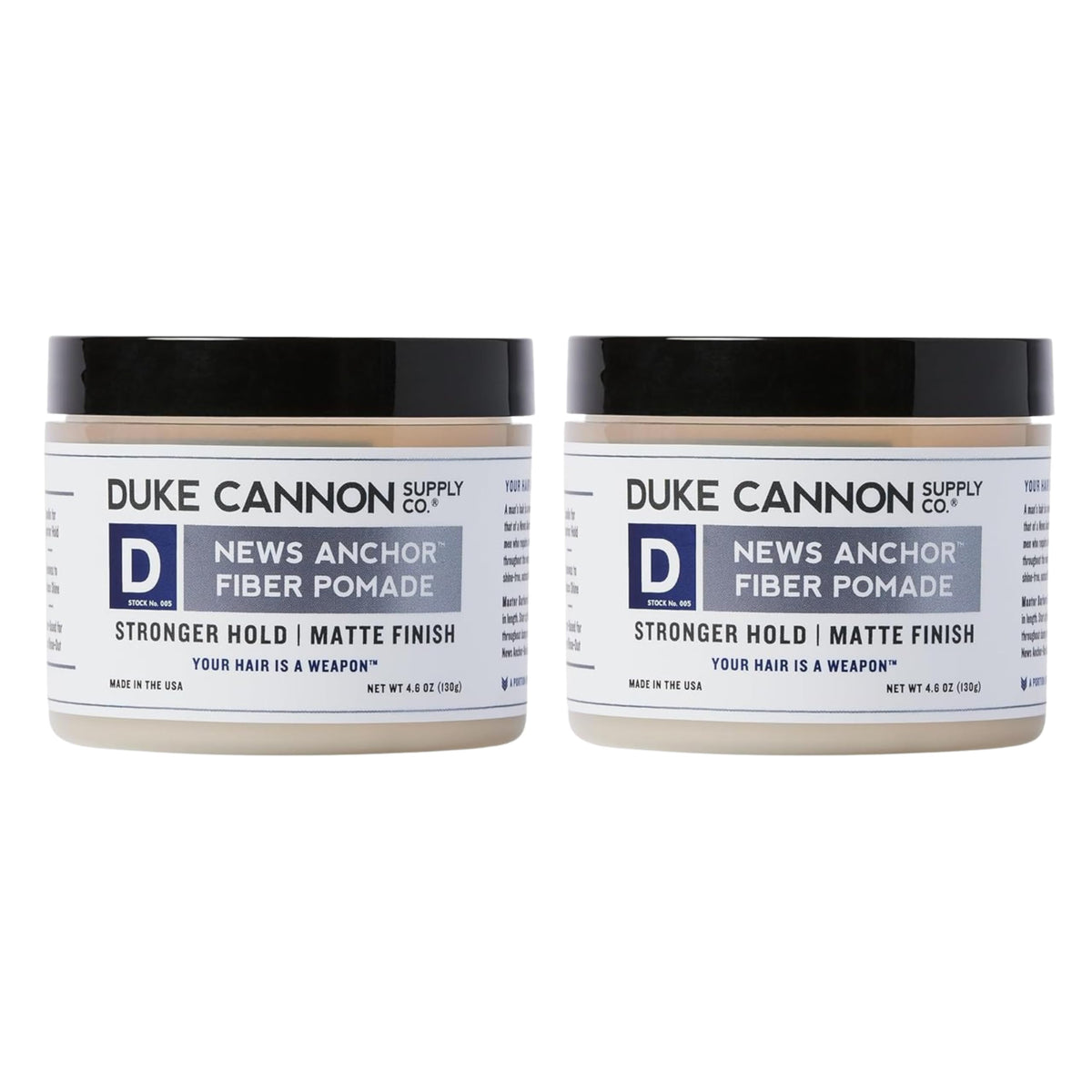 Duke Cannon News Anchor Pomade 2-pack on display delivers dual-pack convenience for all-day styling