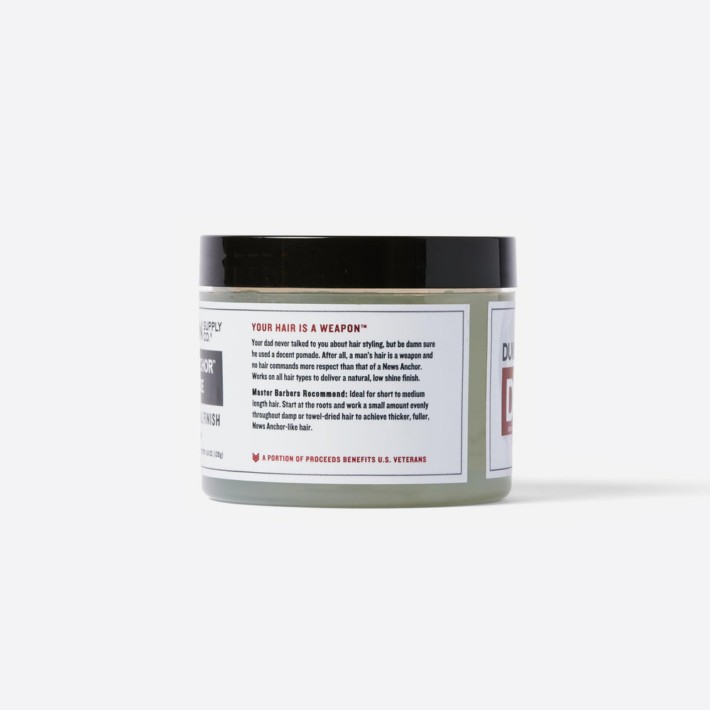 Duke Cannon News Anchor Pomade palm-application ready for quick styling.