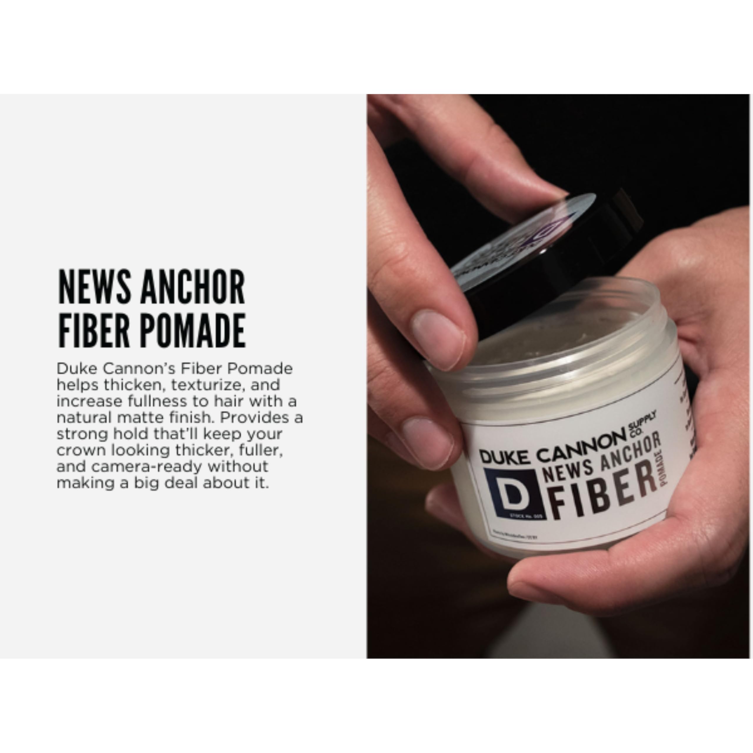 Duke Cannon News Anchor Pomade bottle emphasizes strong hold and low shine for textured styles