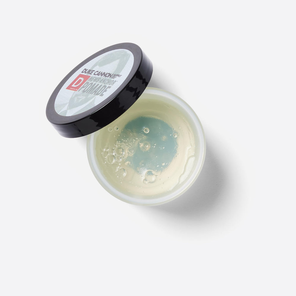 Duke Cannon News Anchor Pomade water-based formula easy washout in shower.