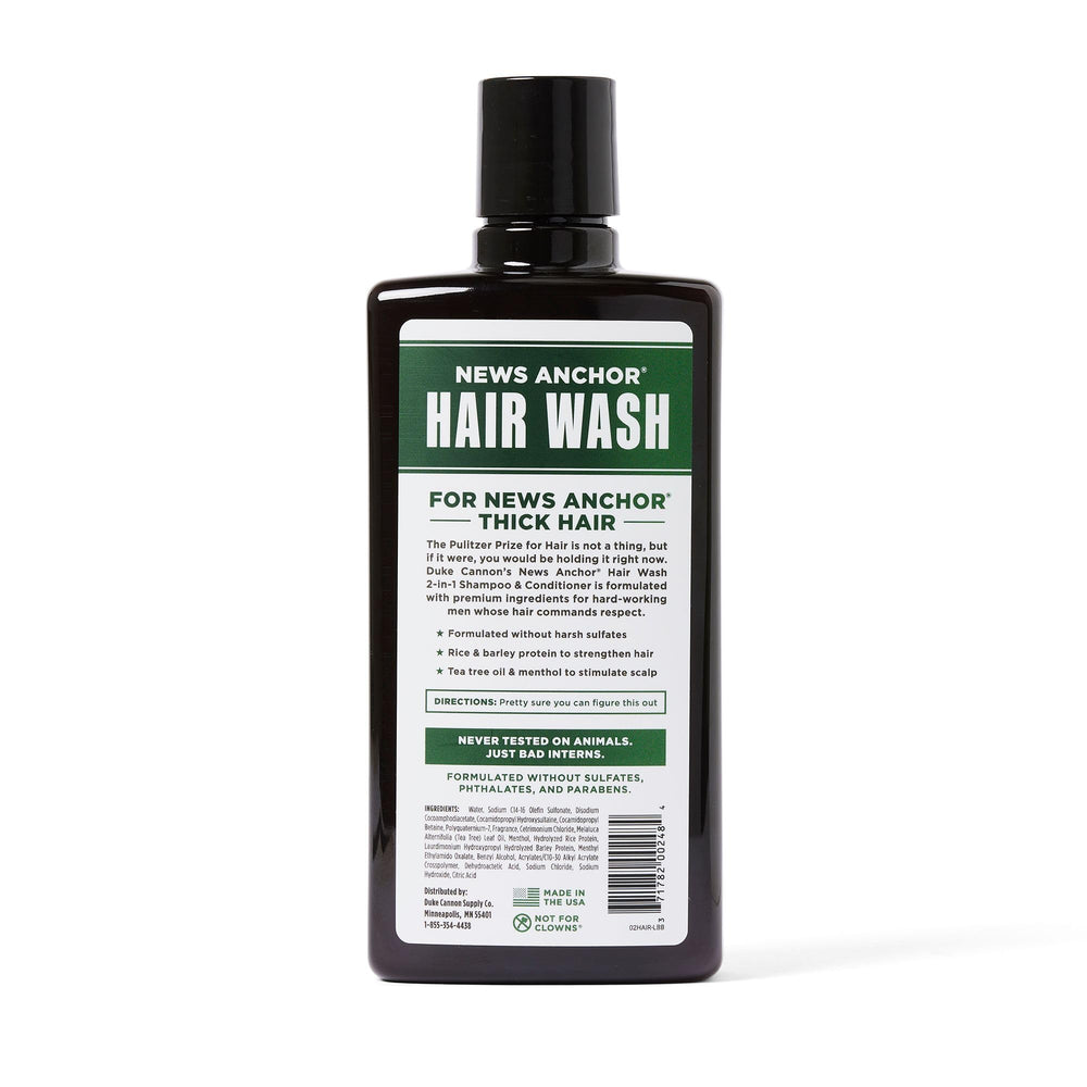 Duke Cannon News Anchor Tea Tree Shampoo Closeup highlighting lightweight, non-greasy feel