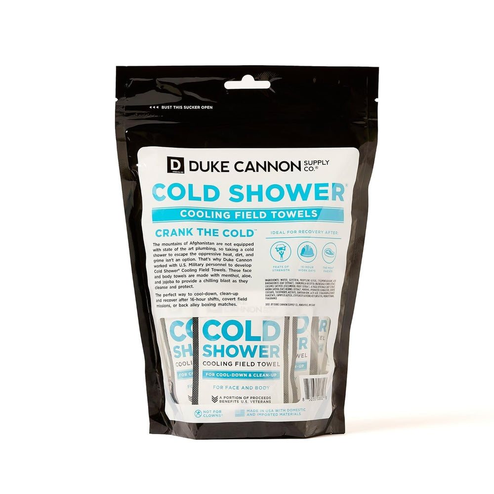 Duke Cannon no-rinse wipes closeup demonstrates water-free skin refreshment after travel.