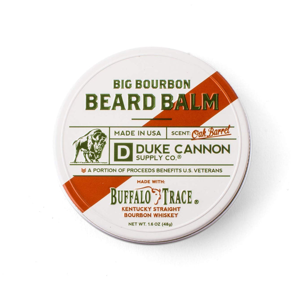 Oak barrel scent detail emphasized in Duke Cannon beard care visuals.