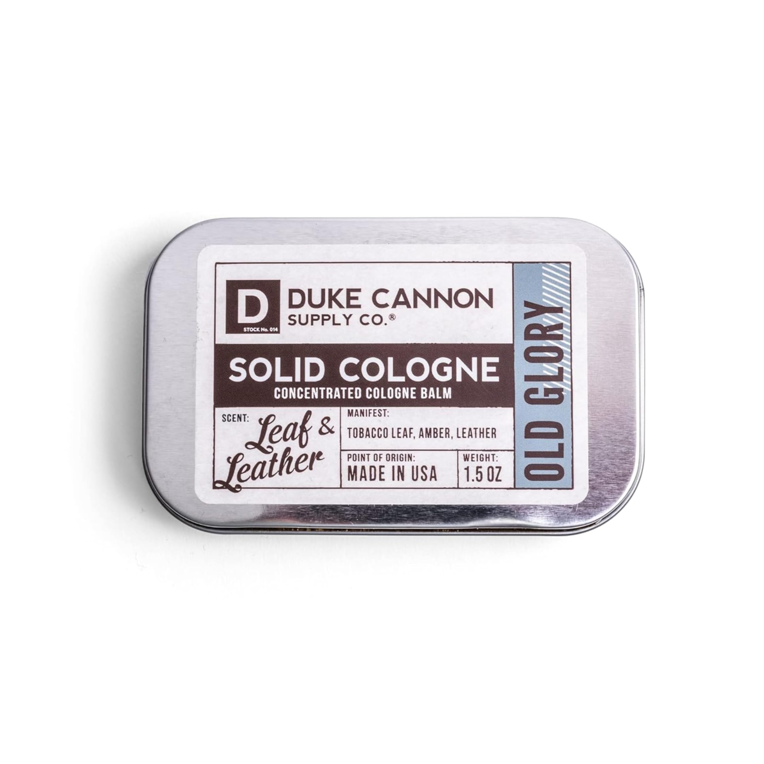 Duke Cannon Old Glory travel tin closeup for on-the-go freshness and easy carry.