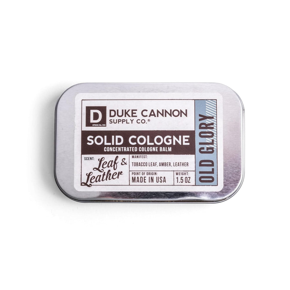 Duke Cannon Old Glory travel tin closeup for on-the-go freshness and easy carry.