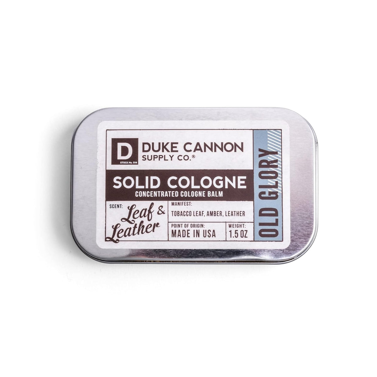 Duke Cannon Old Glory travel tin closeup for on-the-go freshness and easy carry.