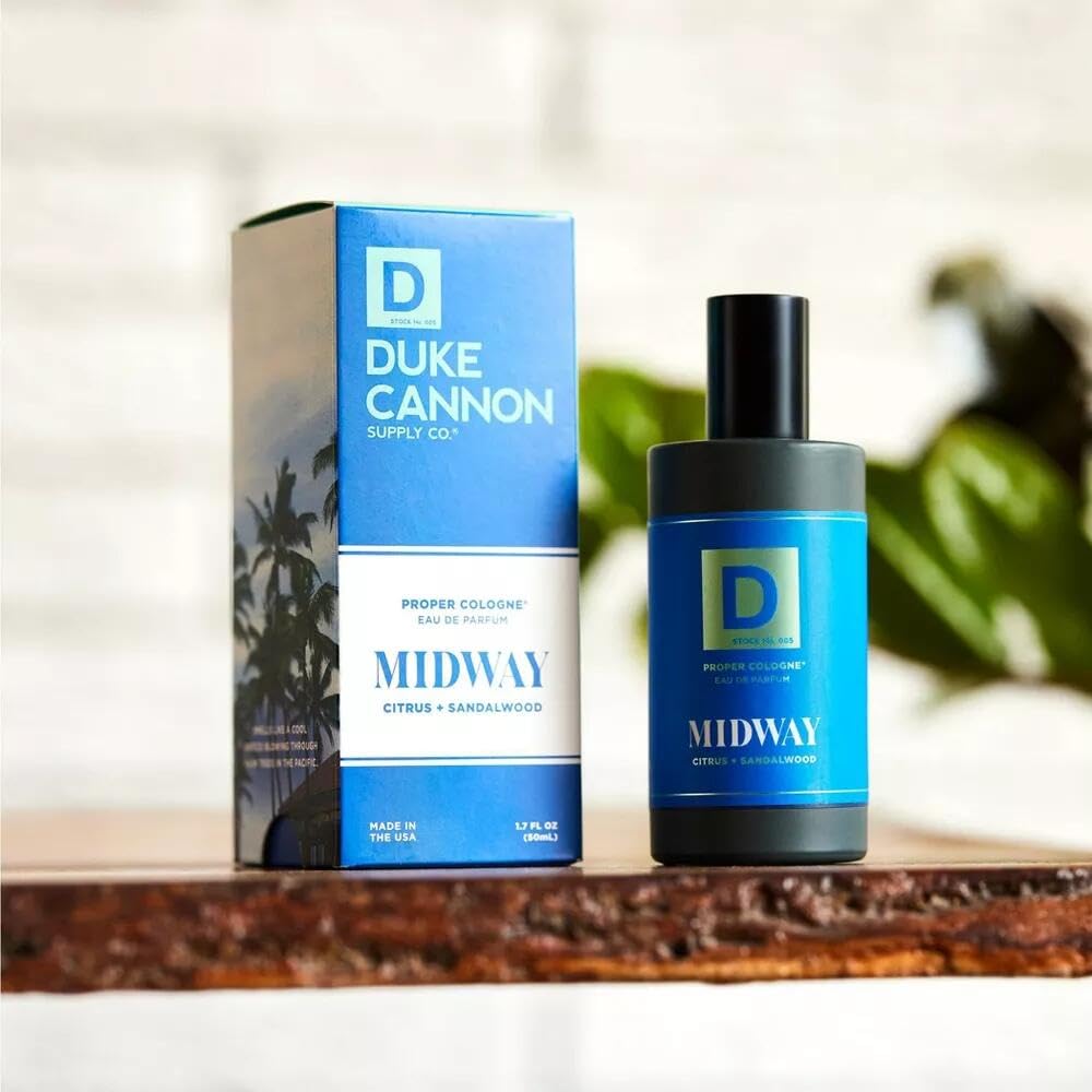 Duke Cannon Proper Cologne Midway packaging with minimalist rugged design.