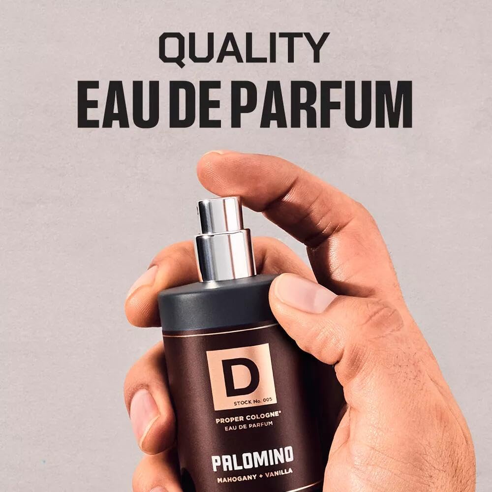 Duke Cannon Proper Cologne Palomino bottle side highlights masculine style for daily wear.