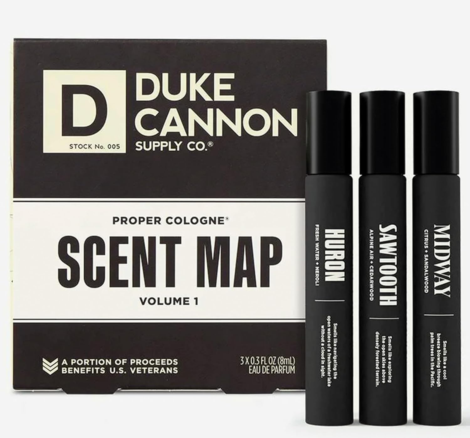 Duke Cannon Proper Cologne Sawtooth bottle with long-lasting woodsy scent for daily wear.