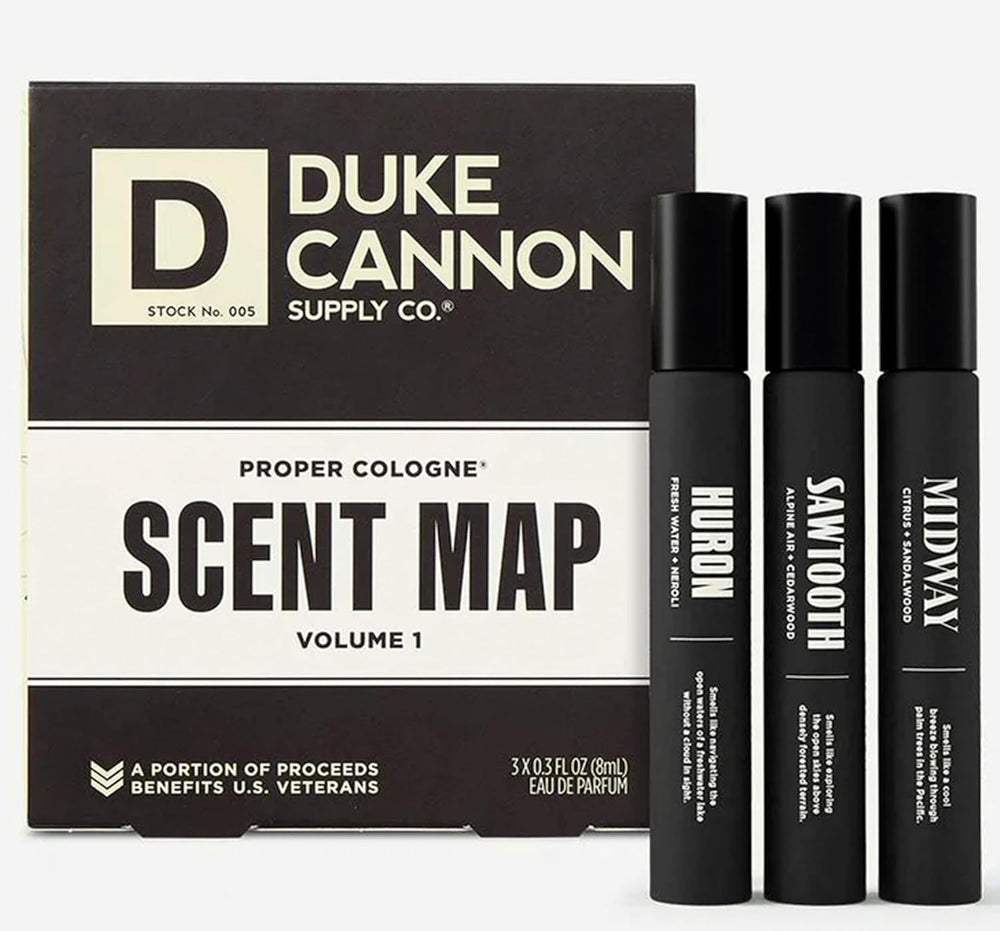 Duke Cannon Proper Cologne Sawtooth bottle with long-lasting woodsy scent for daily wear.