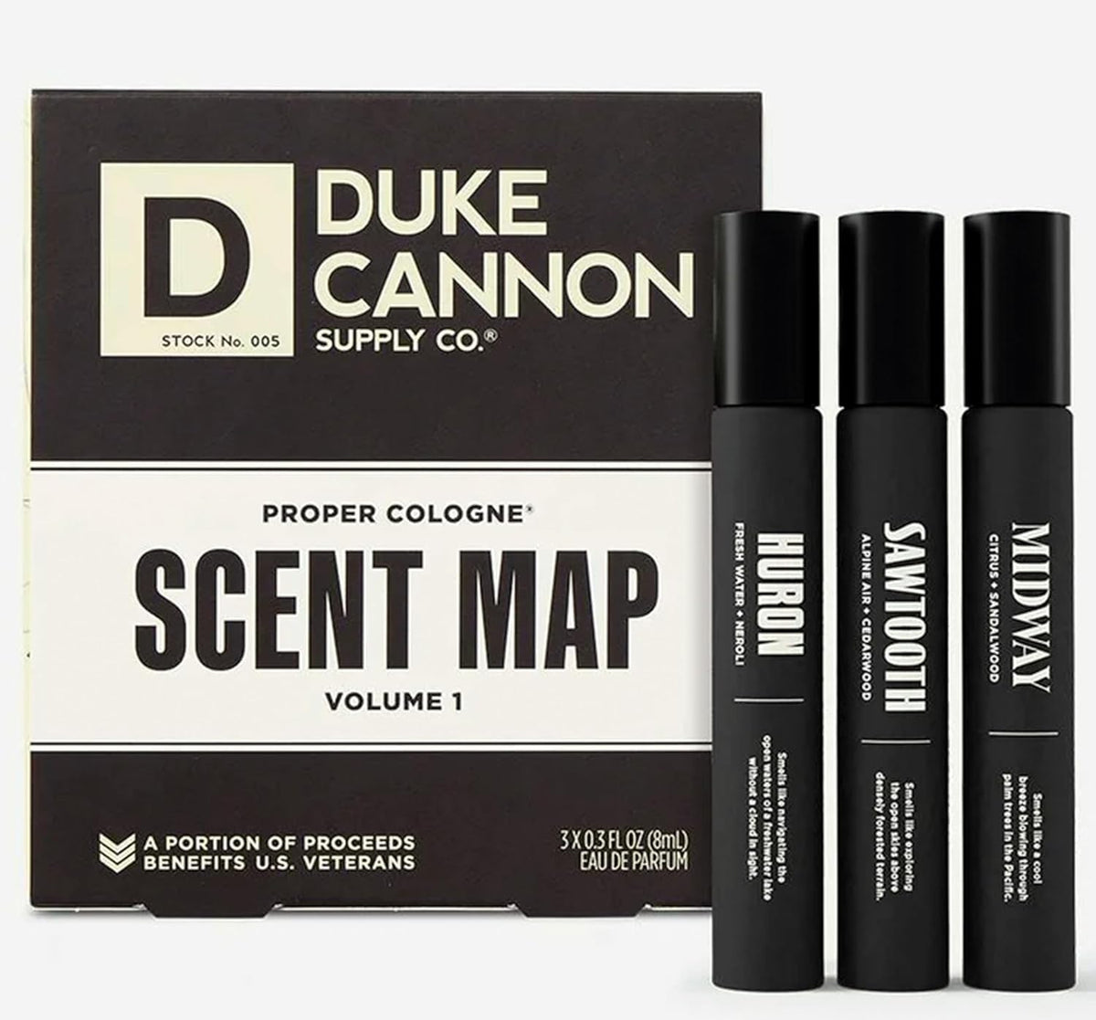 Duke Cannon Proper Cologne Sawtooth bottle with long-lasting woodsy scent for daily wear.
