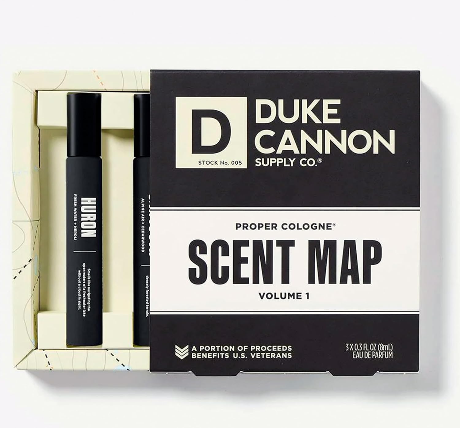 Duke Cannon Proper Cologne closeup of cedar and amber notes for all-day woodsy confidence.