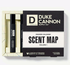 Duke Cannon Proper Cologne closeup of cedar and amber notes for all-day woodsy confidence.
