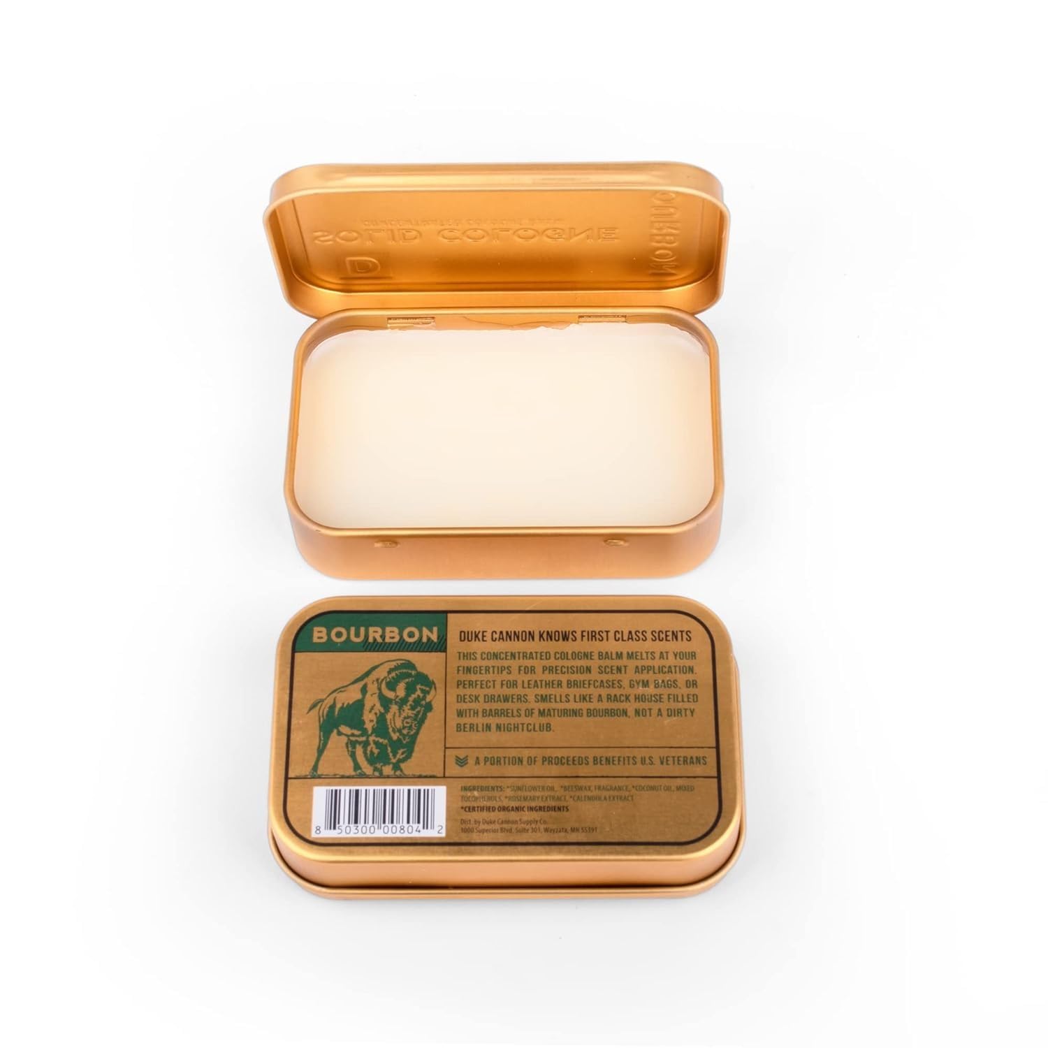 Duke Cannon Bourbon label highlights natural and organic ingredients for clean fragrance.