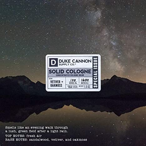 Duke Cannon solid cologne Fresh Air opening note evokes breathable scent for daily refresh.