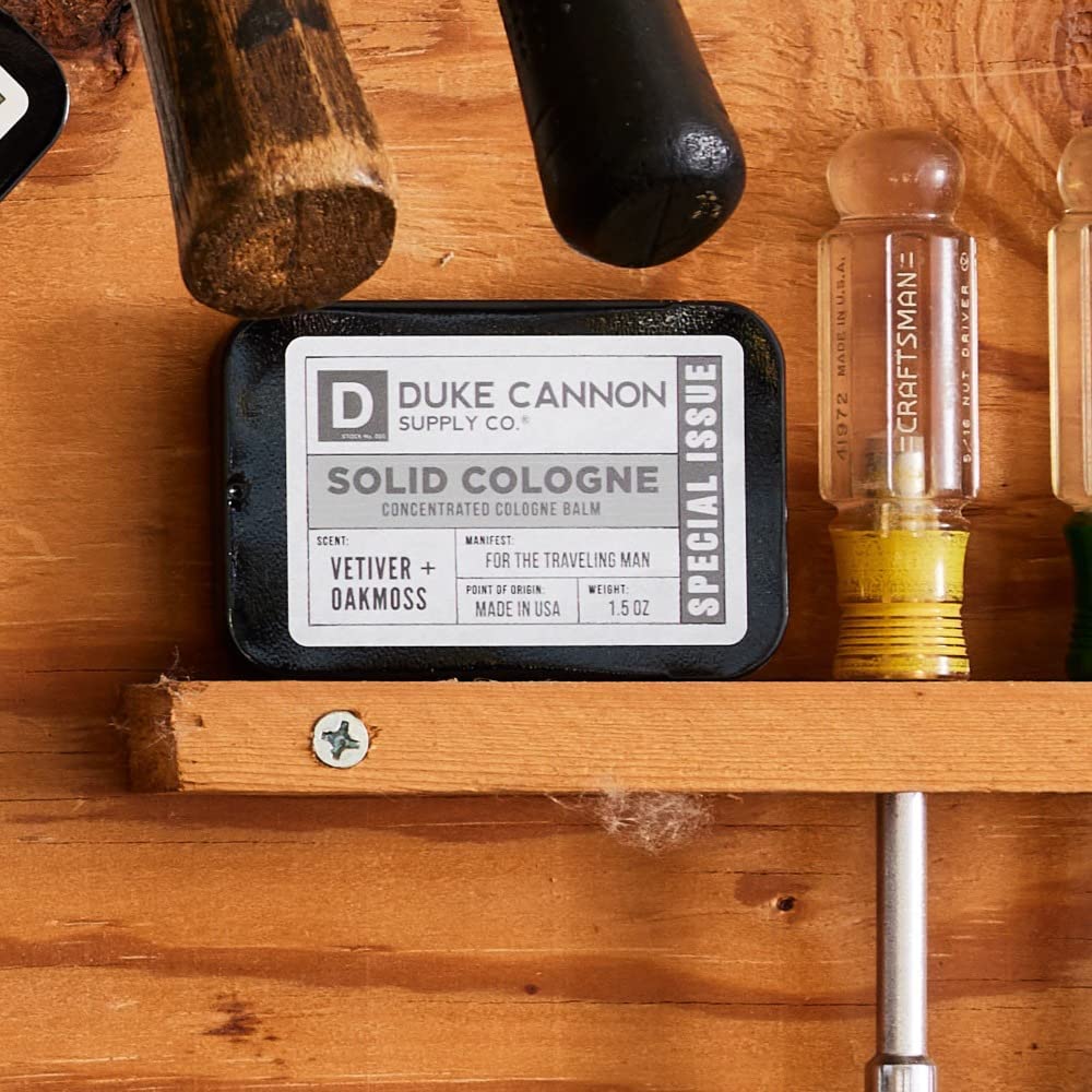 Duke Cannon solid cologne Sandalwood base note delivers refined, lasting warmth.