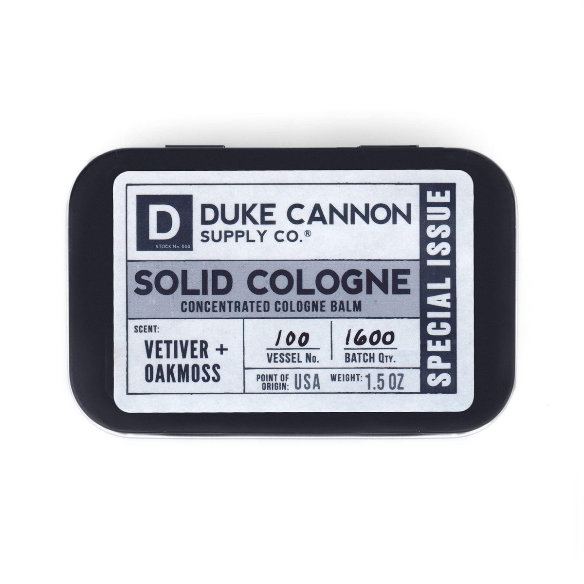 Duke Cannon solid cologne Special Issue tin with Vetiver Oakmoss scent for on-the-go confidence.