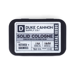 Duke Cannon solid cologne Special Issue tin with Vetiver Oakmoss scent for on-the-go confidence.