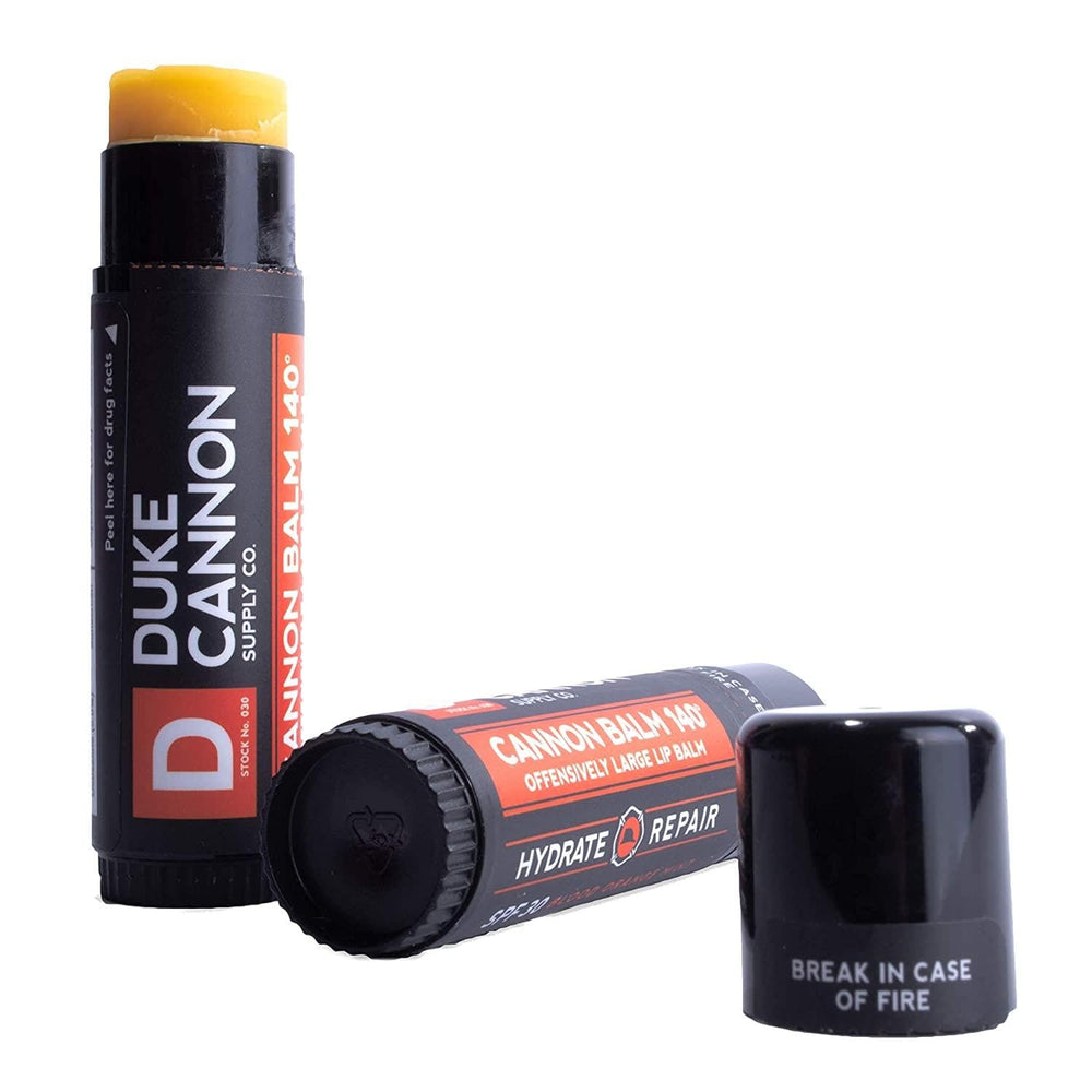 Duke Cannon blood orange mint scent lip balm for refreshing breaks.