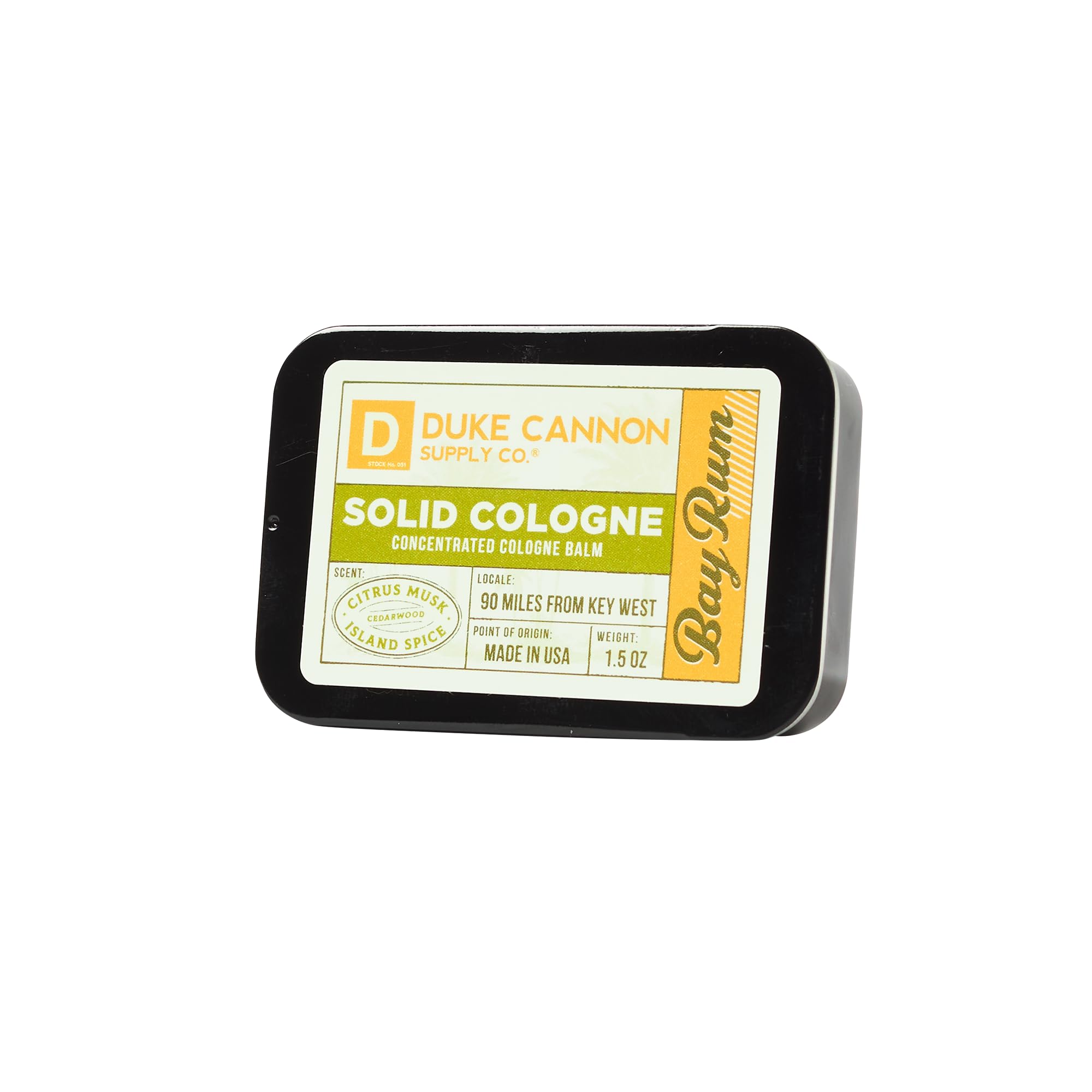 Duke Cannon Supply Co. Bay Rum solid tin highlights long-lasting scent durability.