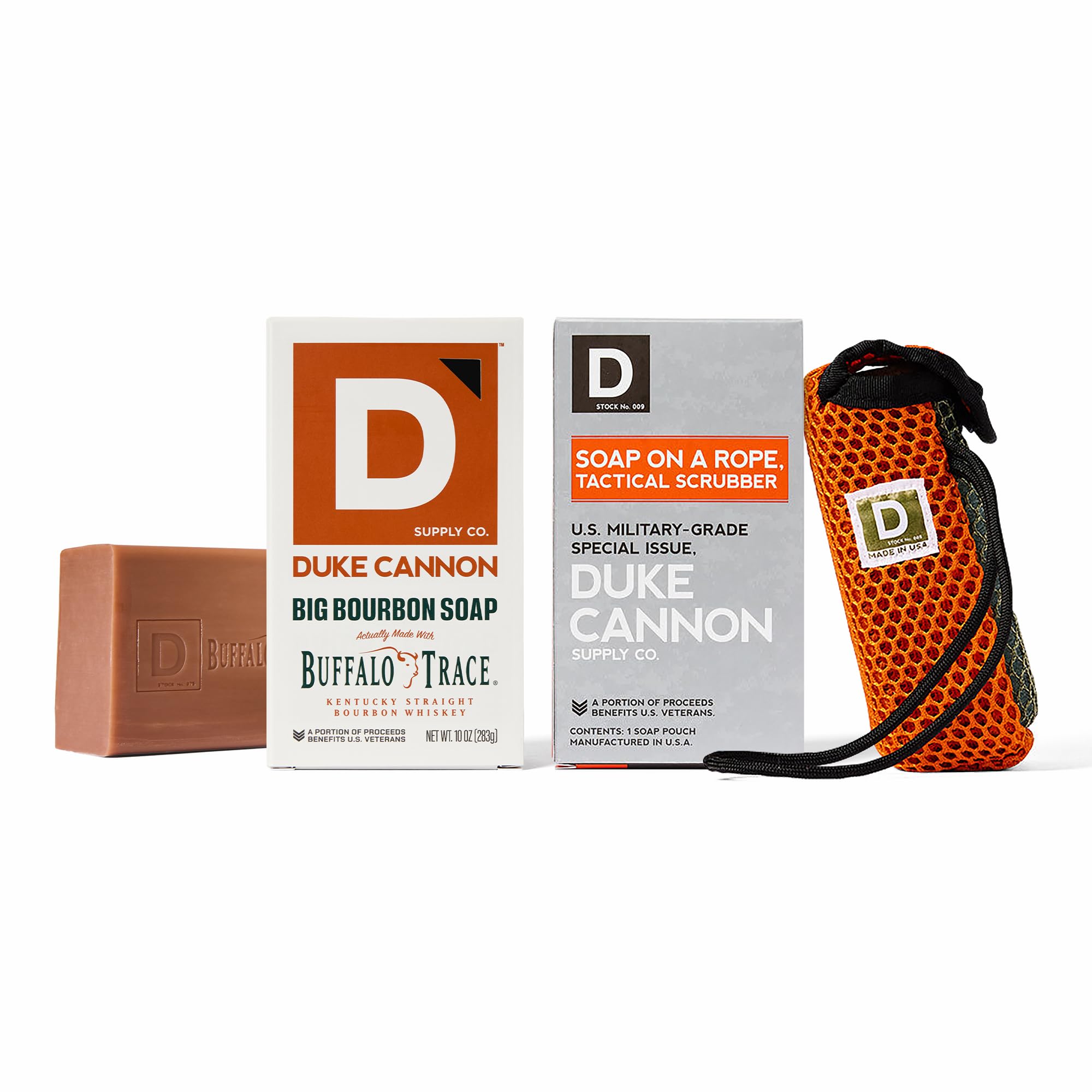 Duke Cannon Tactical Scrubber with oak barrel scent delivers rugged cleansing for outdoor adventures.