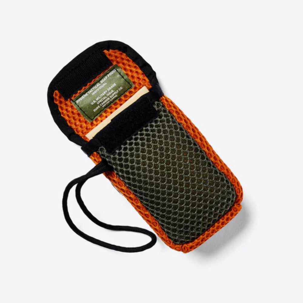 Duke Cannon Tactical Scrubber Soap Pouch ideal for outdoor shower use.