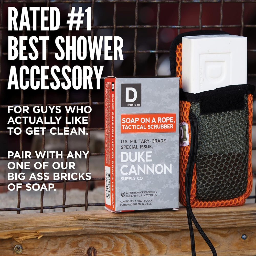 Duke Cannon Tactical Scrubber Soap Pouch with soft mesh for gentler cleaning.