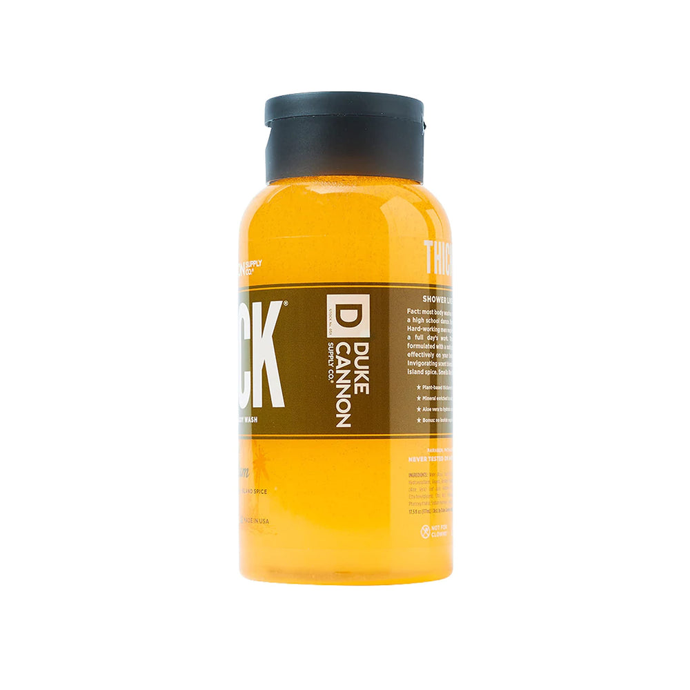 Duke Cannon Bay Rum body wash pours with smooth consistency and long-lasting scent.