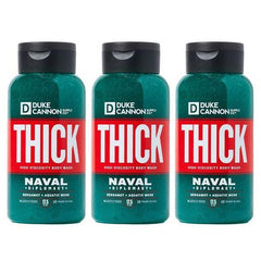 Duke Cannon THICK Naval Diplomacy bottle pouring for a long-lasting, invigorating cleanse.