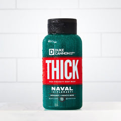 Duke Cannon THICK Naval Diplomacy body wash lather close-up for deep-clean feel.