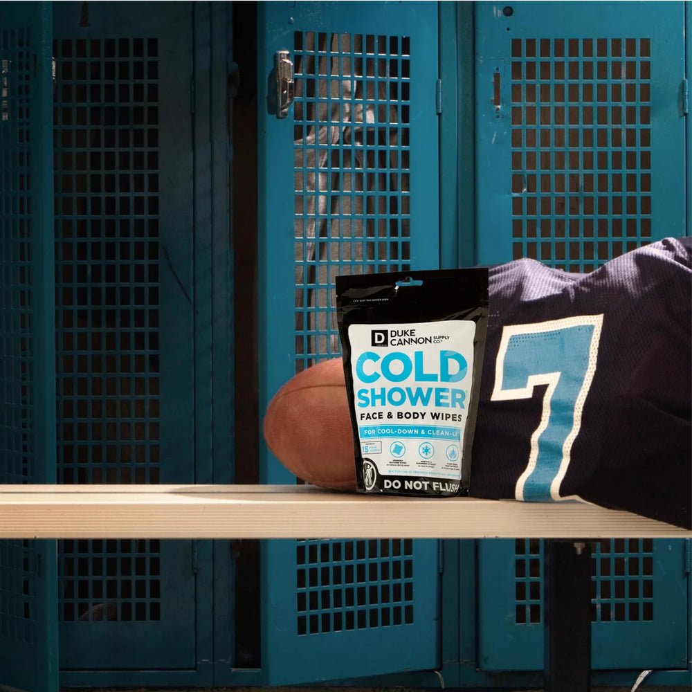 Duke Cannon wipes in a pouch scene suitable for gym, camp, or trench-style use.