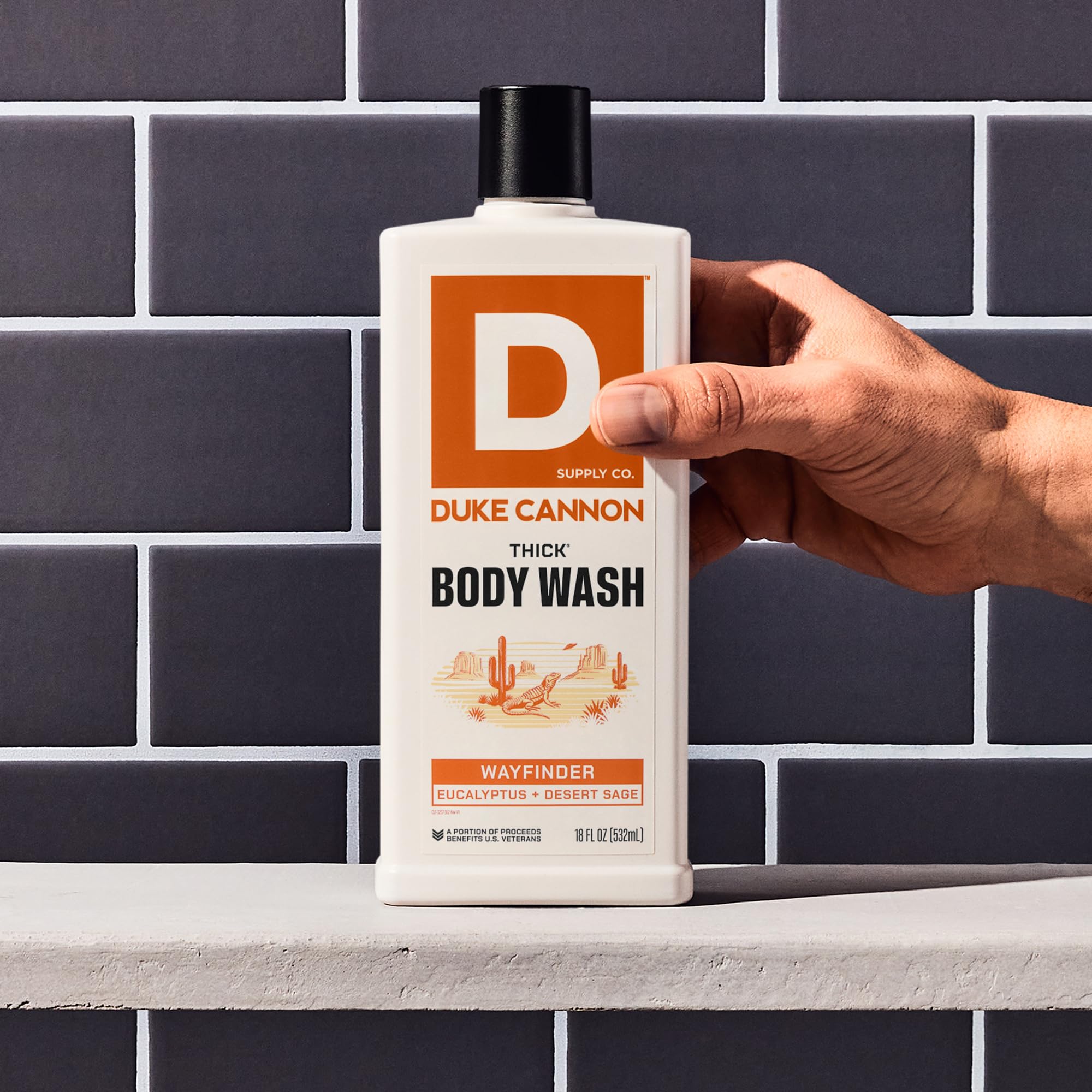 Duke Cannon Wayfinder label detail highlights desert sage eucalyptus scent