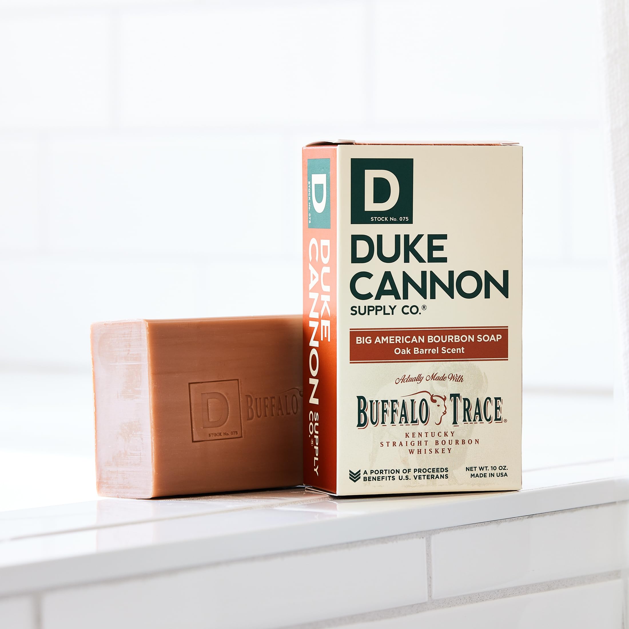 Duke Cannon Big American Bourbon soap bar triple-milled for smooth, lasting lather.