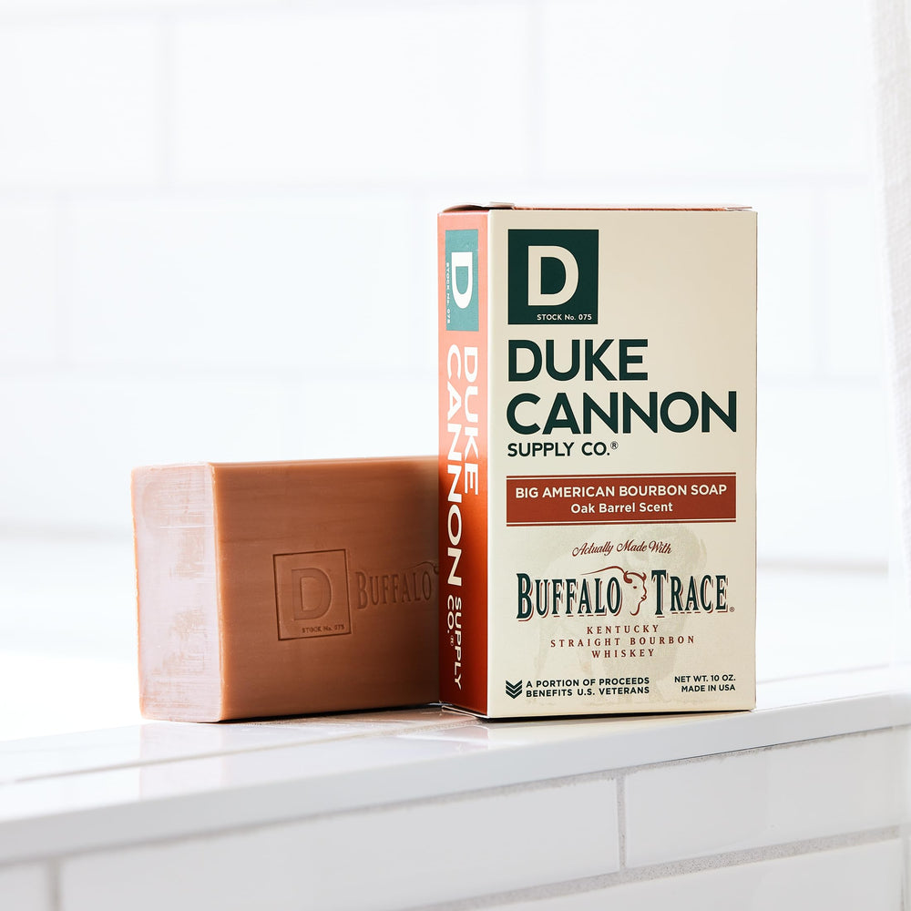 Duke Cannon Big American Bourbon soap bar triple-milled for smooth, lasting lather.