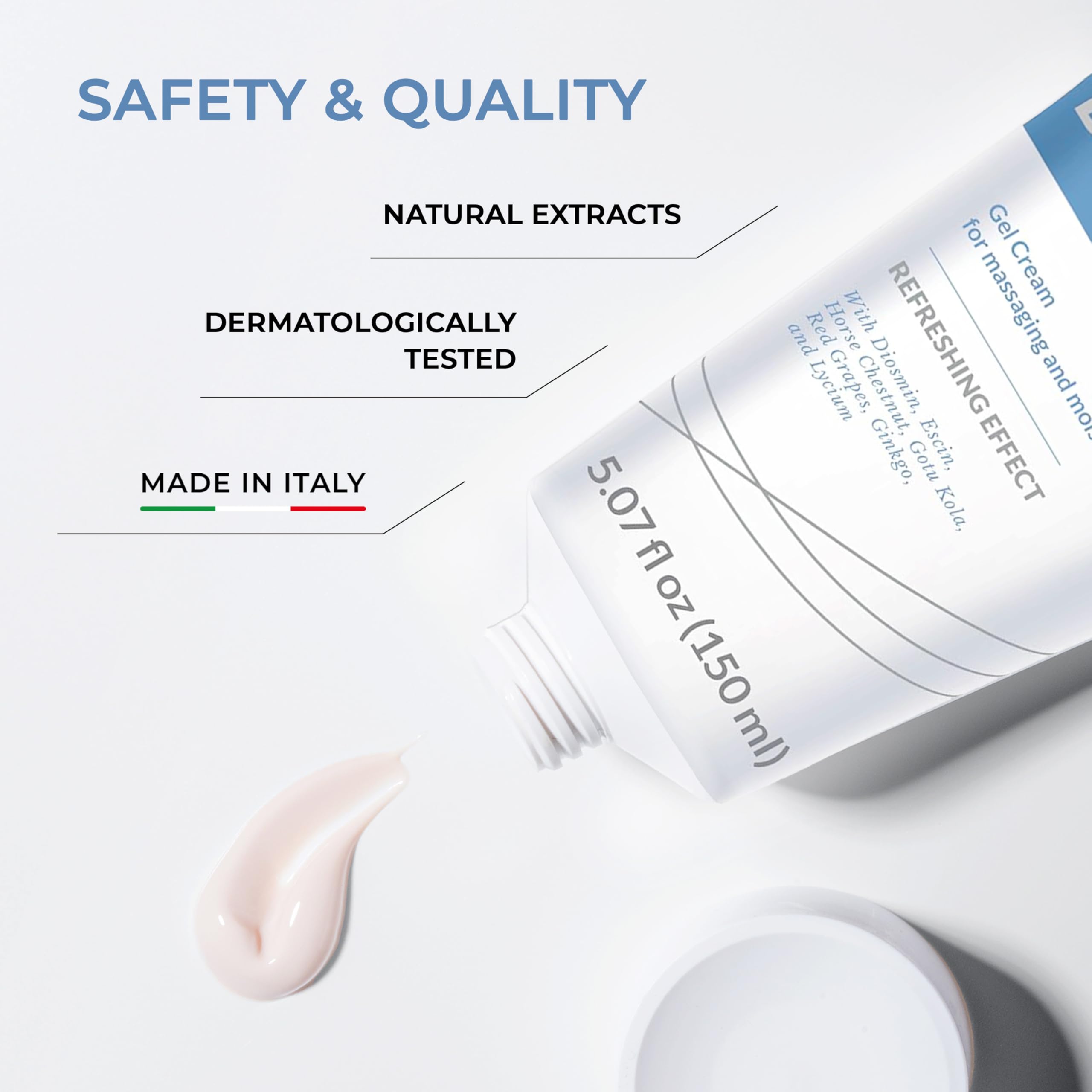 DULÀC Diosmin Legs Gel ingredient panel shows Diosmin and Horse Chestnut for circulation support