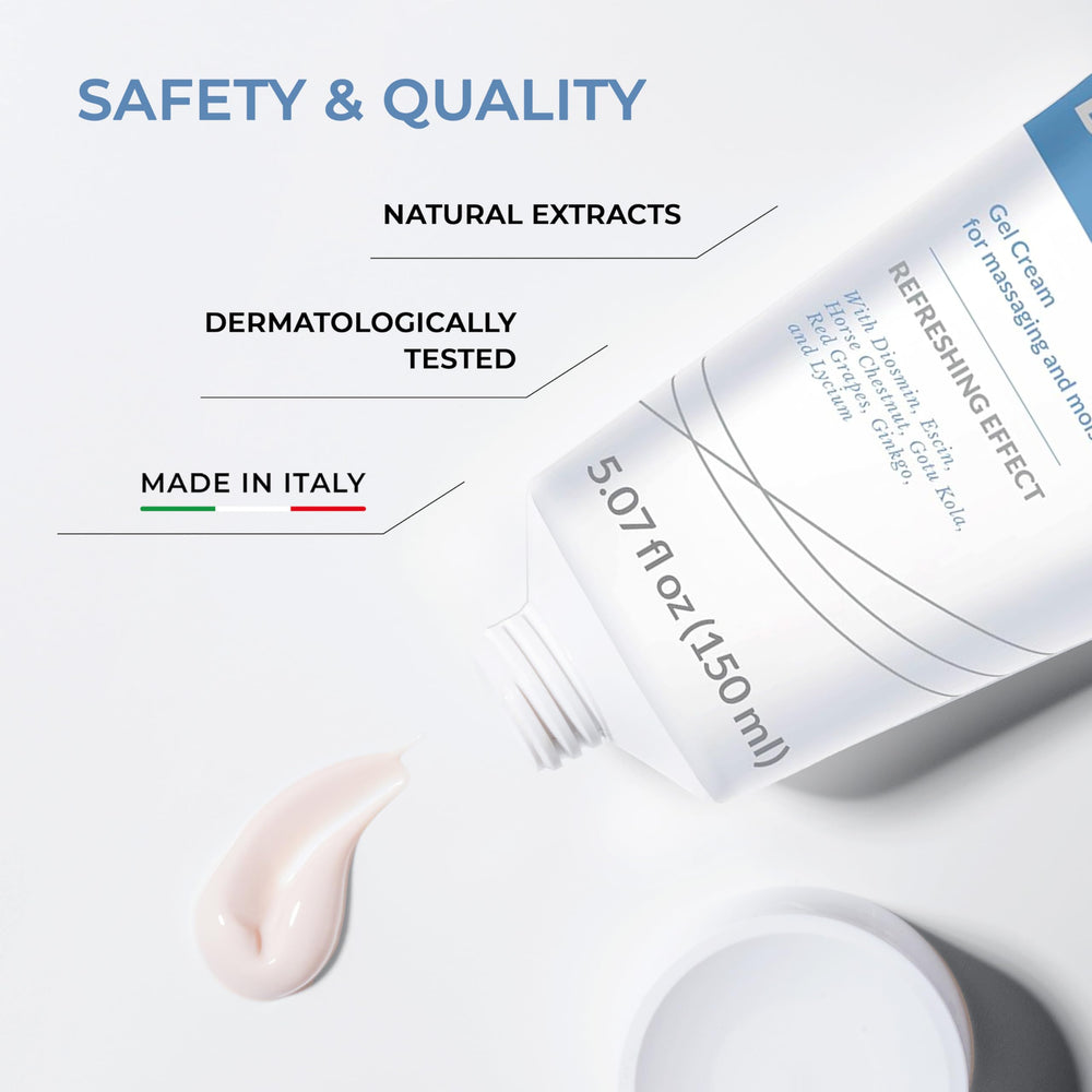 DULÀC Diosmin Legs Gel ingredient panel shows Diosmin and Horse Chestnut for circulation support