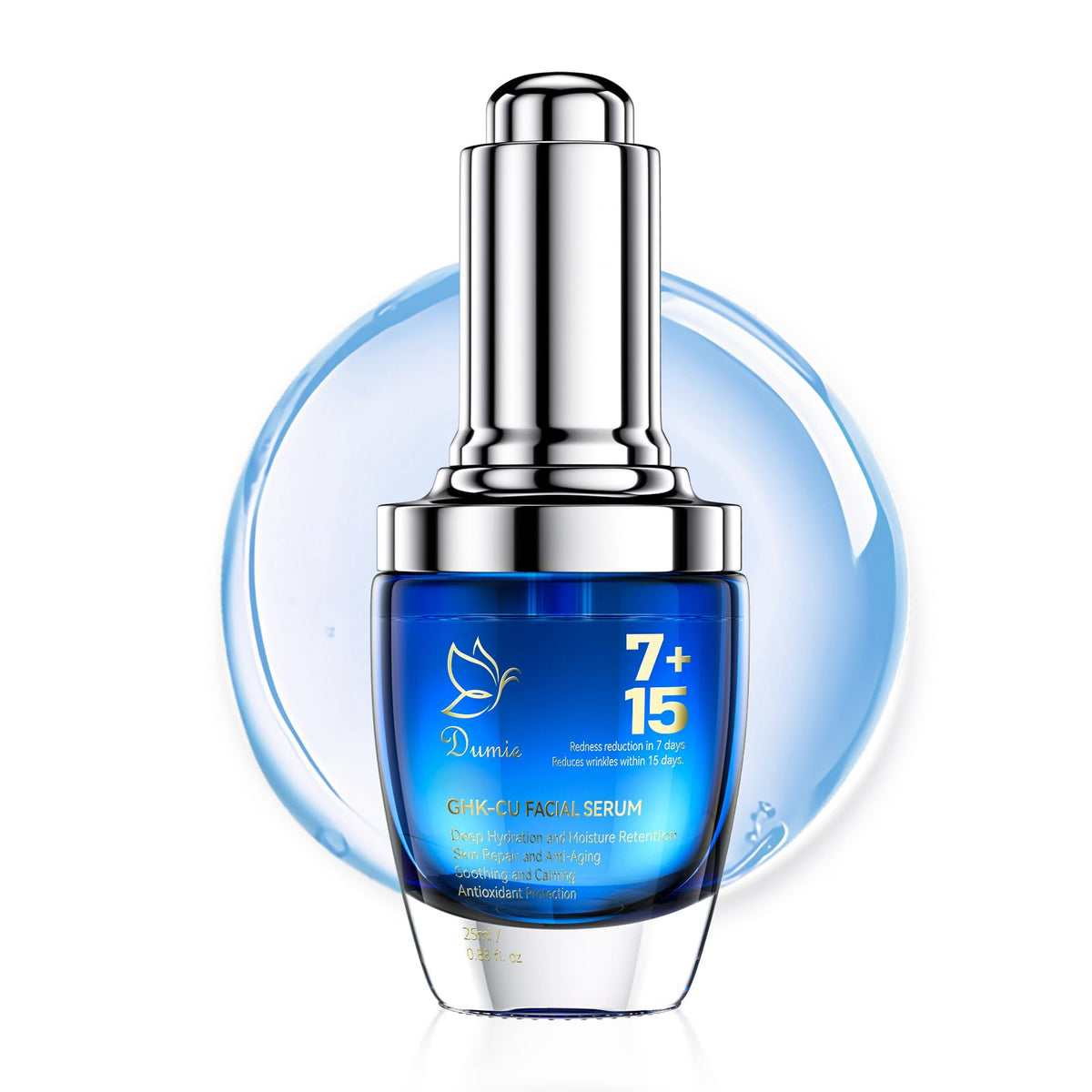 Dumie Copper Peptide Serum bottle displayed with soft lighting, hinting at anti-aging hydration.