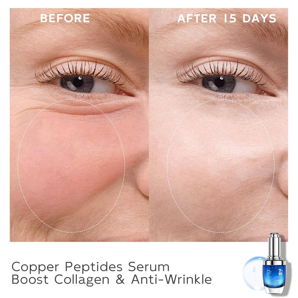 Dumie Copper Peptide Serum applied to skin in a mirror view, suggesting smoothing and firming.