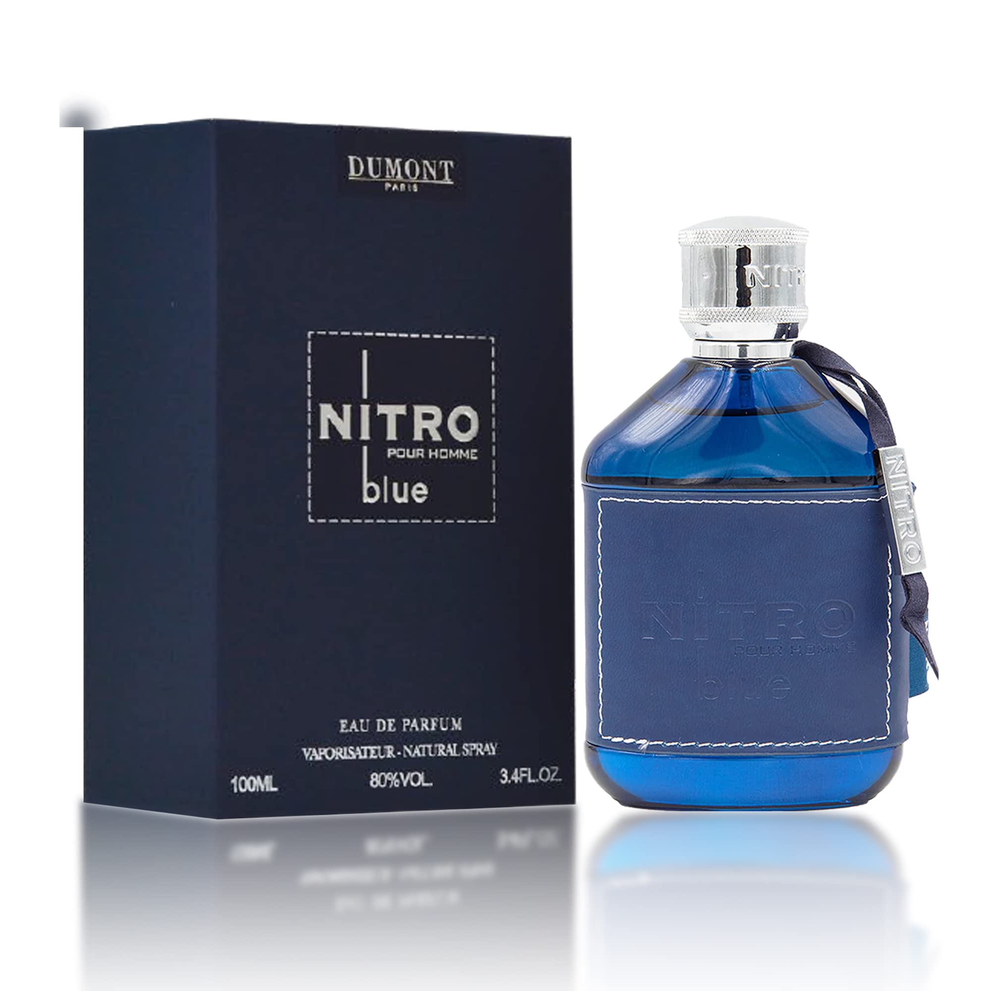 Dumont Nitro Blue bottle closeup—energizing scent to sharpen focus during work.