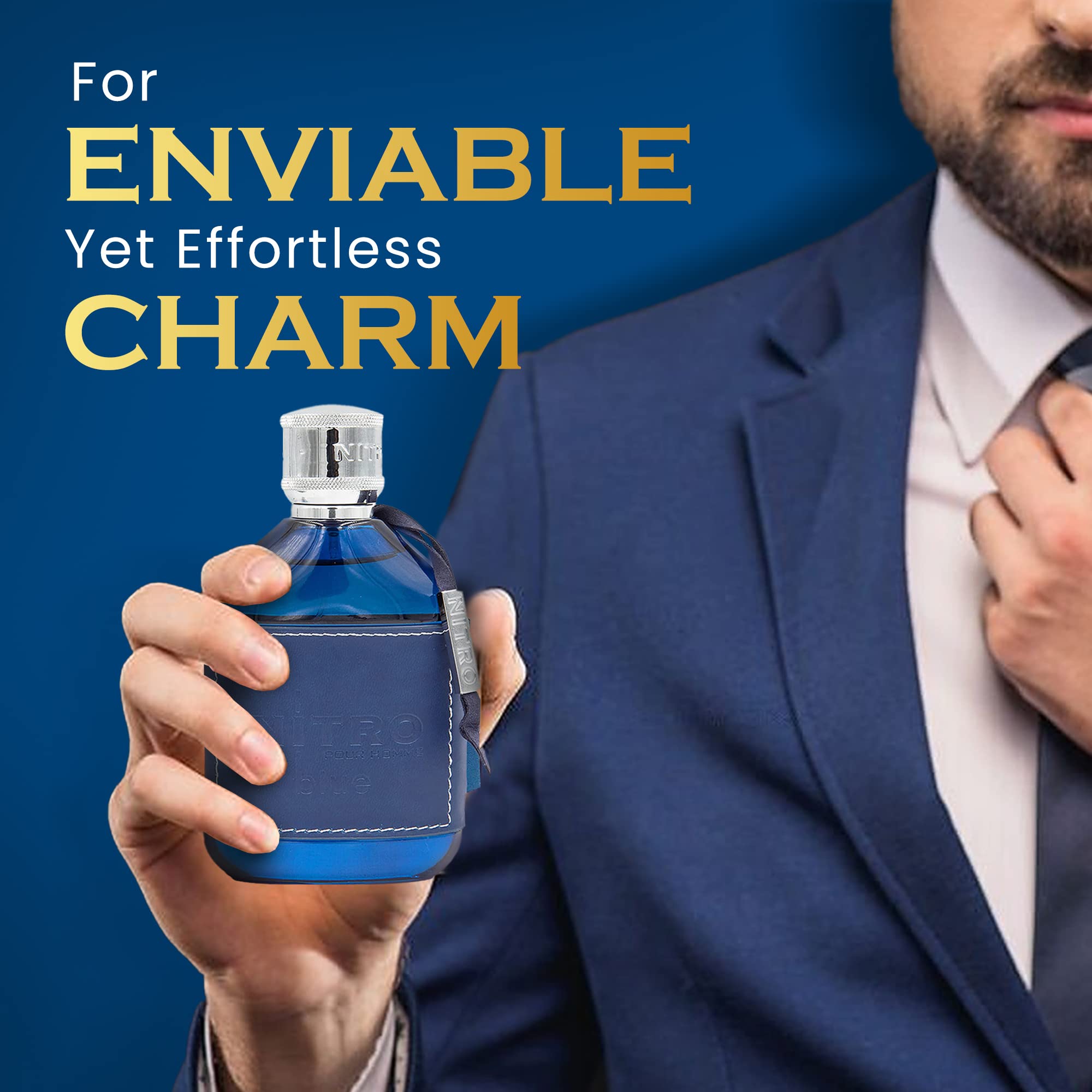Dumont Nitro Blue bottle on desk showcases confidence-boosting work fragrance for meetings.