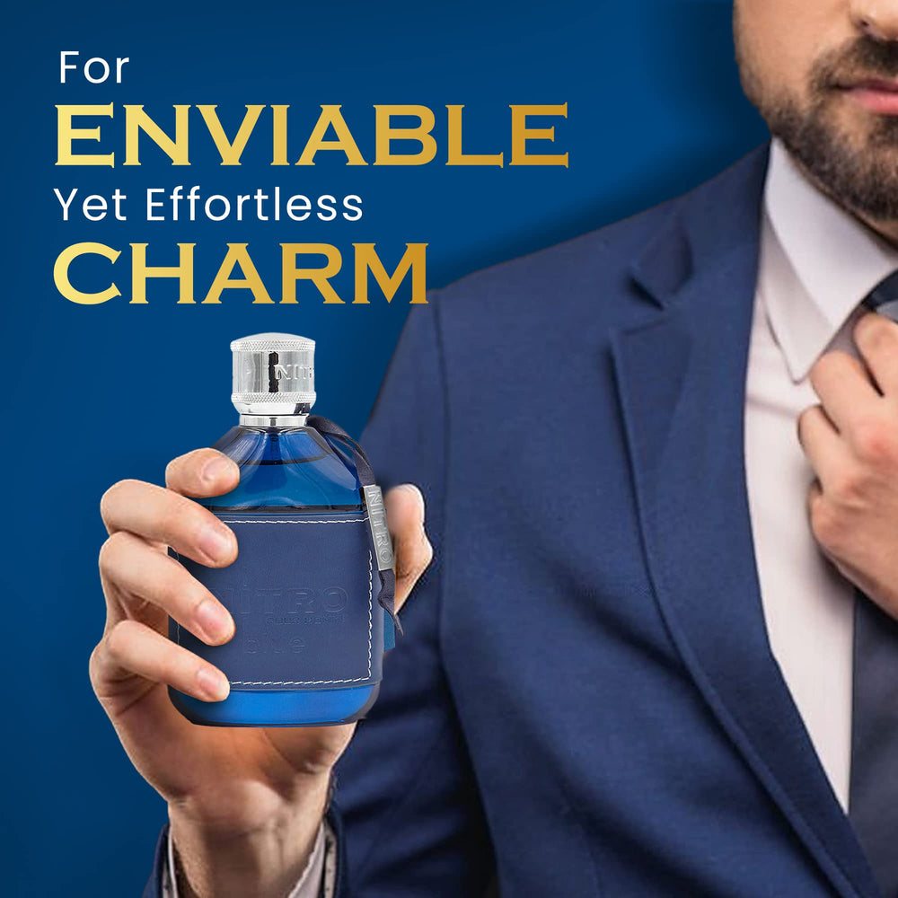 Dumont Nitro Blue bottle on desk showcases confidence-boosting work fragrance for meetings.