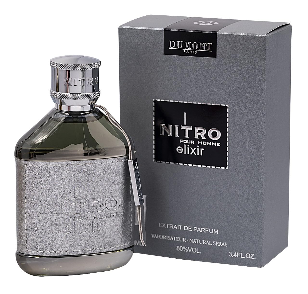 Dumont Nitro Elixir bottle close-up with leather wrap and chrome cap for lasting impact.