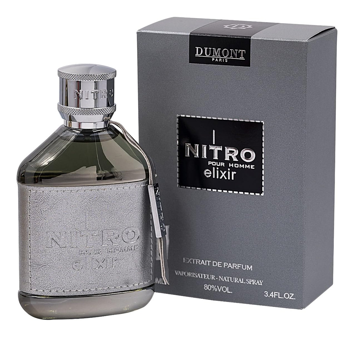 Dumont Nitro Elixir bottle close-up with leather wrap and chrome cap for lasting impact.