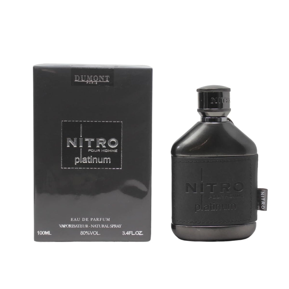 Dumont Nitro Platinum bottle front view highlights premium metallic design for modern elegance.