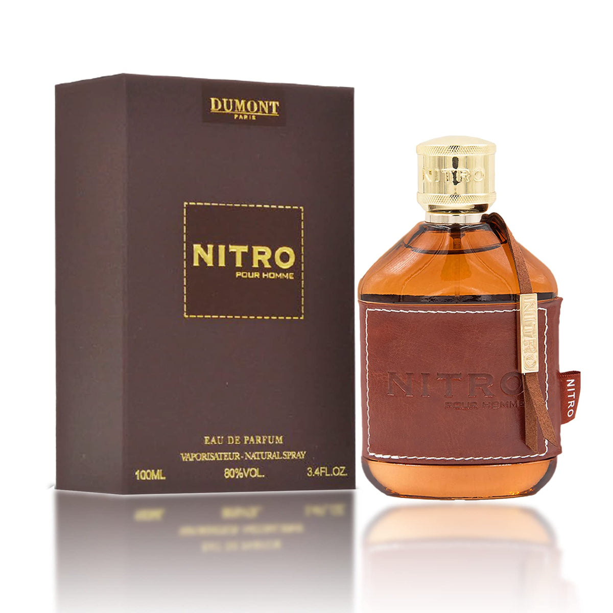 Dumont Nitro Pour Homme bottle-front view signals premium masculine fragrance for daily wear.