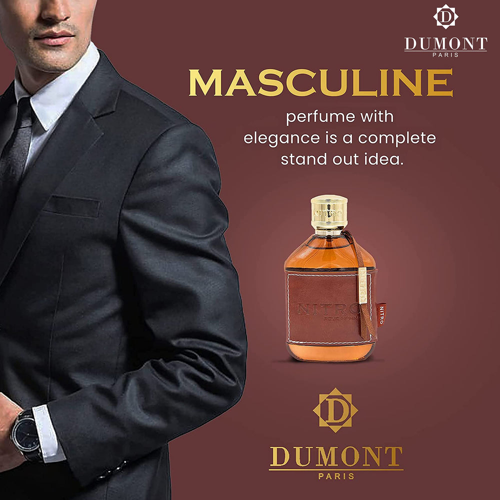 Dumont Nitro Pour Homme cardamom-bergamot panel hints luxurious scent trail.