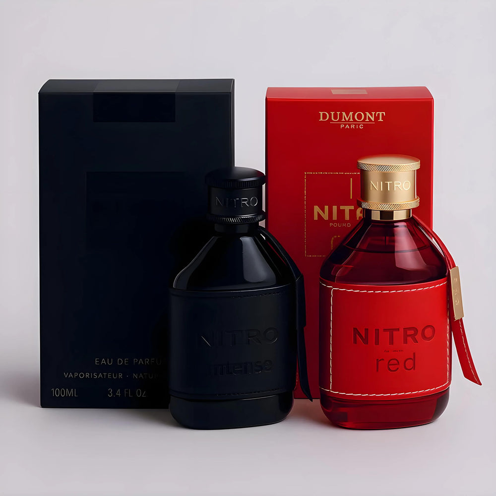 Dumont Nitro Red bottle in crimson promotes confident, energetic evening style.